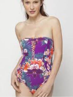 Anthropologie Purple Floral Strapless Swimsuit